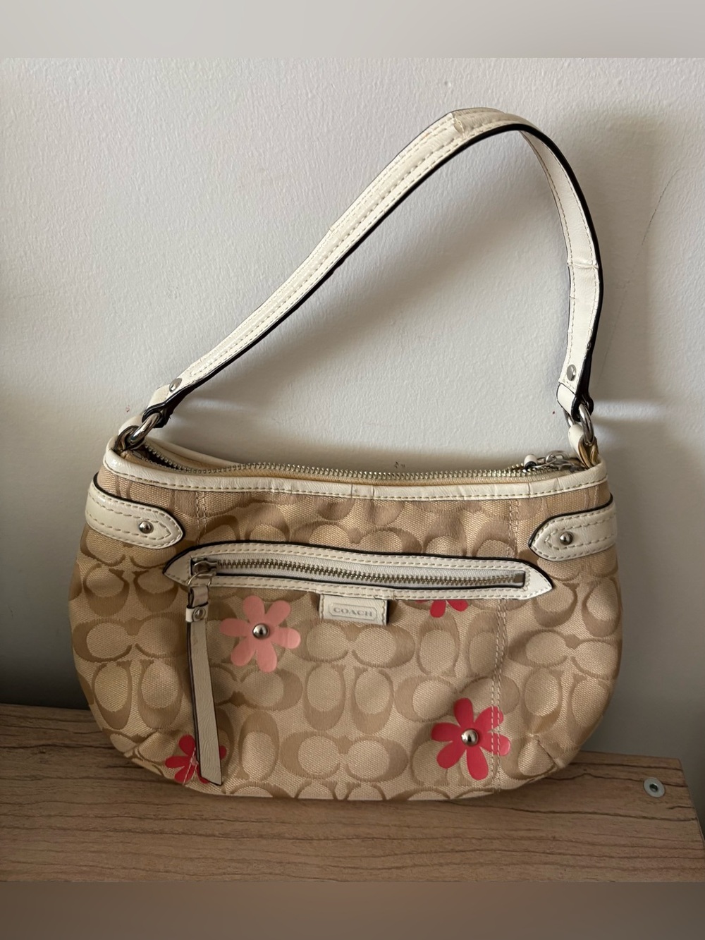 Coach Y2K Beige Signature Canvas Shoulder Bag with Pink Floral Appliqués